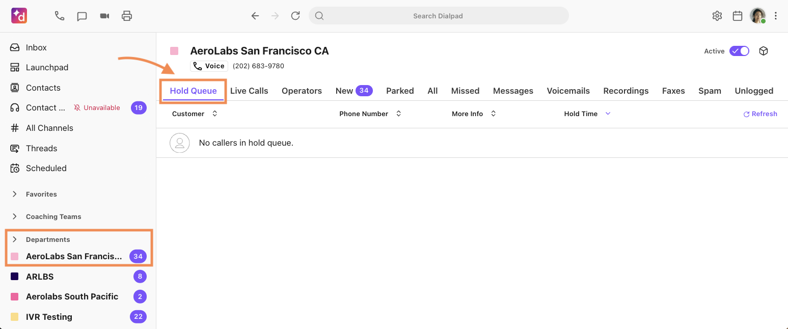 Screenshot of the Department Hold Queue view displaying a list of waiting callers and their current wait times.