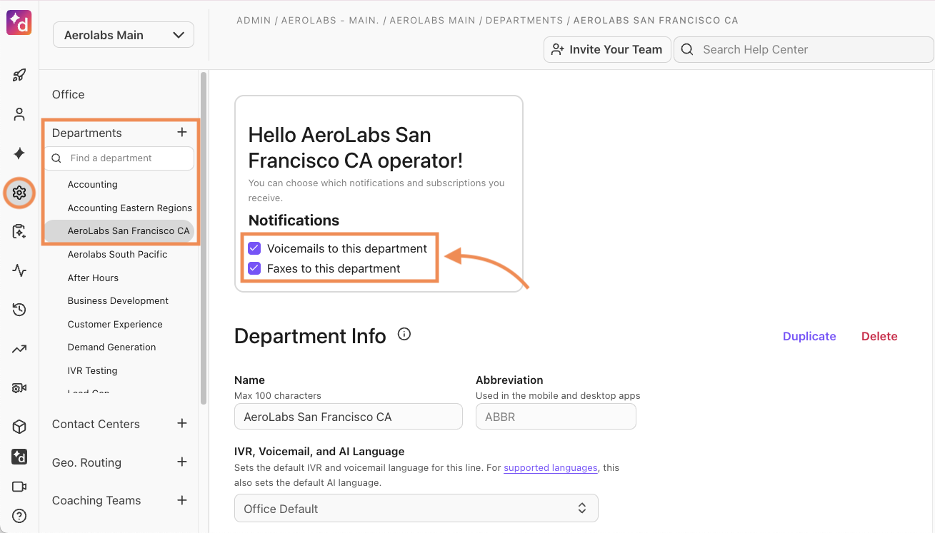 Screenshot of the Dialpad web admin settings page showing email notification checkboxes for department operators.