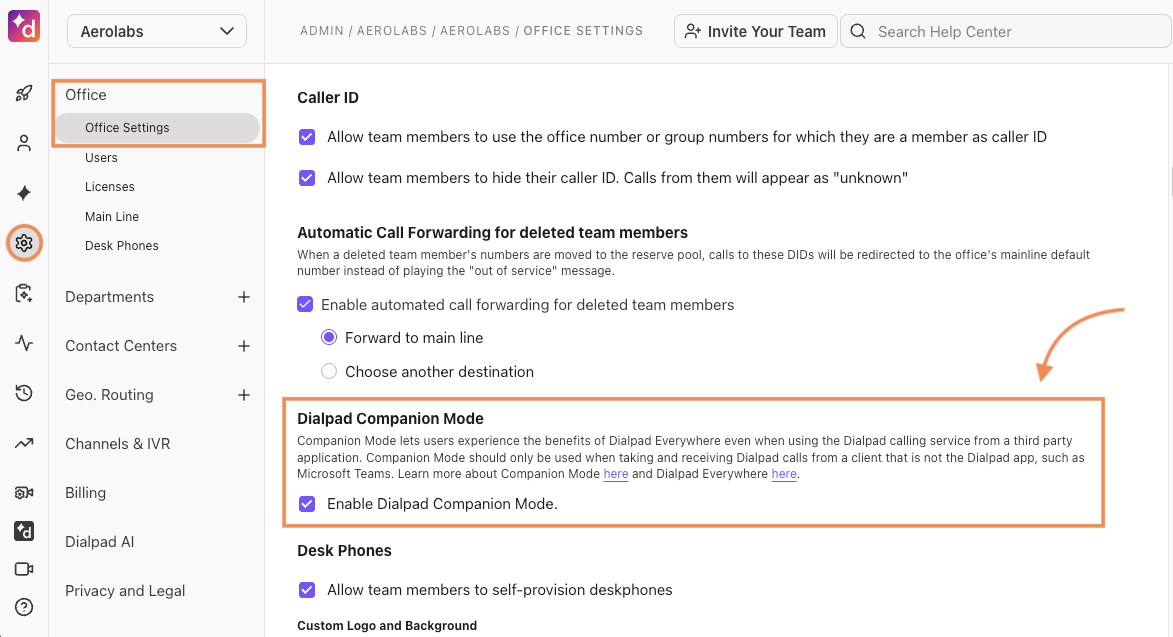 Screenshot of the Dialpad Admin Office Settings page with orange boxes highlighting the 'Office Settings' tab in the left sidebar and the 'Dialpad Companion Mode' section on the right, which features a checked box for 'Enable Dialpad Companion Mode'.