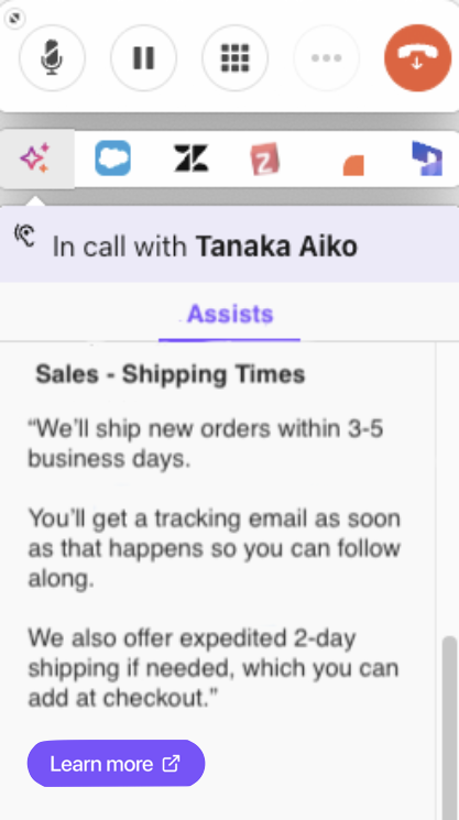 Screenshot of the Dialpad Companion Mode widget toggled to the 'Assists' tab, displaying an AI Live Coach Card titled 'Sales - Shipping Times' with talking points and a 'Learn more' button.