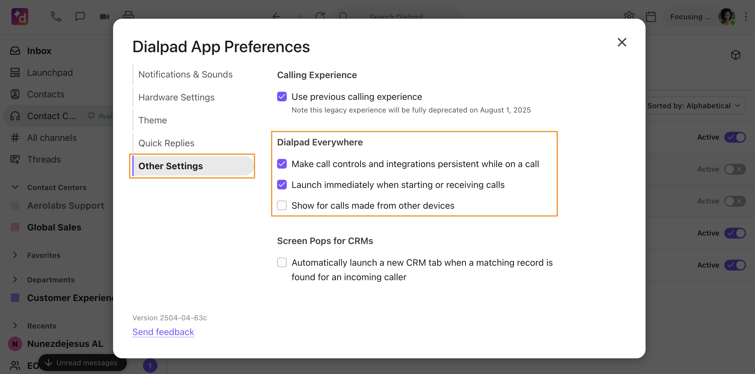 Screenshot of the Dialpad App Preferences window under Other Settings, featuring orange boxes highlighting the 'Other Settings' tab in the left menu and the 'Dialpad Everywhere' options on the right with the checkbox selected for 'Make call controls and integrations persistent while on a call'.