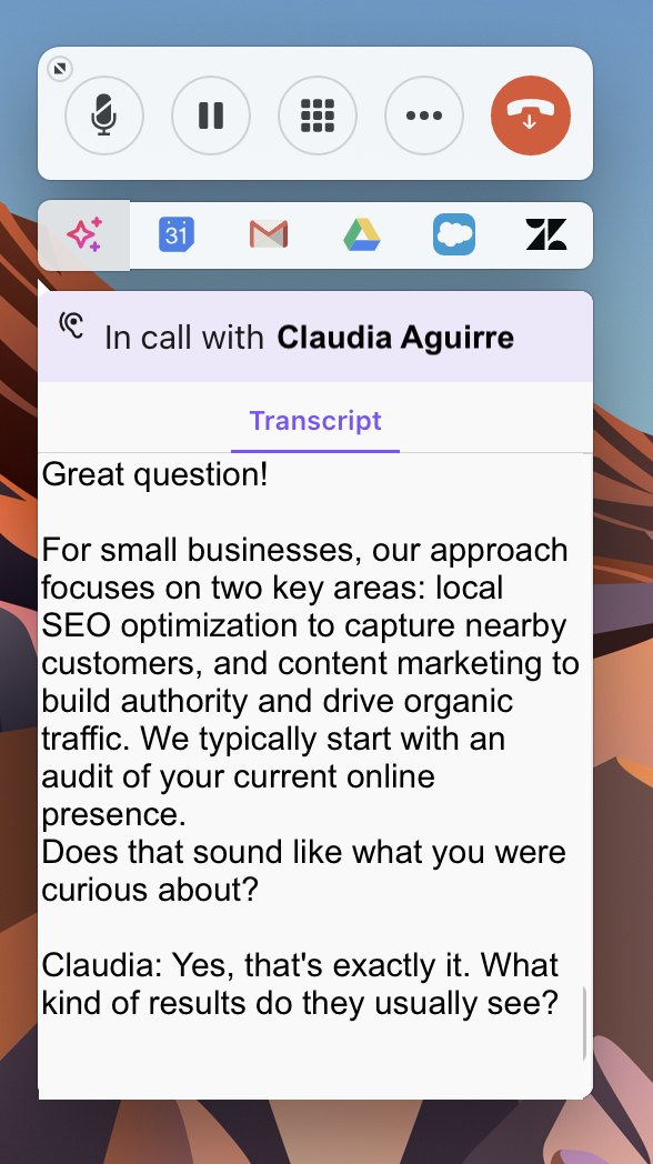 Screenshot of the Dialpad Everywhere floating widget displaying active call controls, app integration icons, and a real-time call transcript for an ongoing conversation with Claudia Aguirre.