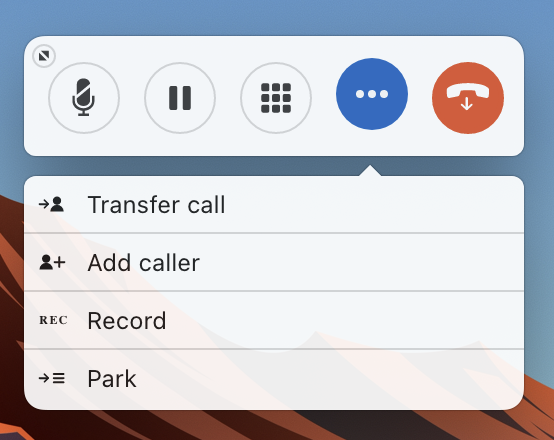 Screenshot of the Dialpad Everywhere widget displaying top call controls (Mute, Hold, Keypad, More options, and Hang up) with the expanded 'More options' menu open, showing Transfer call, Add caller, Record, and Park.