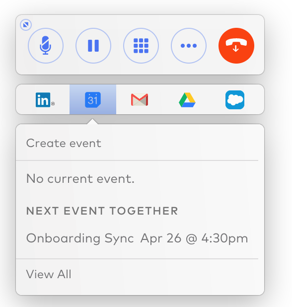 Screenshot of the Dialpad Everywhere widget showing active call controls and integration icons, with the Google Calendar tab selected to reveal event creation options and upcoming schedule details.