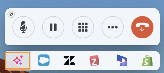 Screenshot of the Dialpad Everywhere widget featuring an orange box highlighting the Dialpad AI sparkle icon located on the lower integration toolbar.