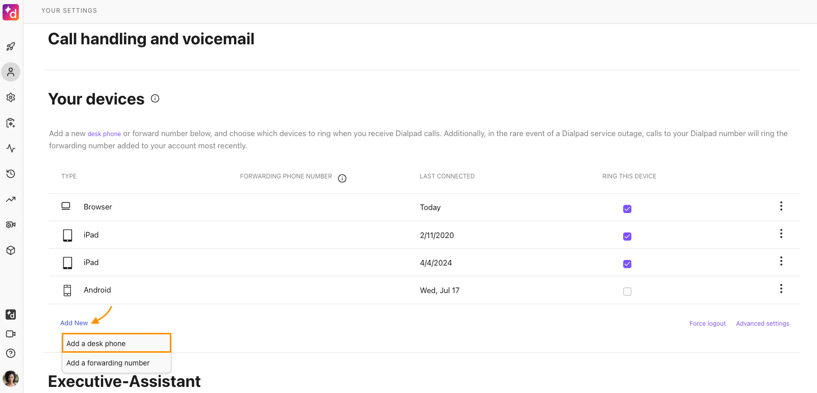 Screenshot of the Dialpad web application under Call handling and voicemail settings, featuring an orange arrow pointing to the 'Add New' menu and an orange box highlighting the selected 'Add a desk phone' option.