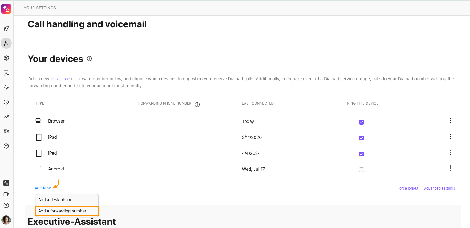 Screenshot of the Dialpad web application under Call handling and voicemail settings, featuring an orange arrow pointing to the 'Add New' menu and an orange box highlighting the selected 'Add a forwarding number' option.
