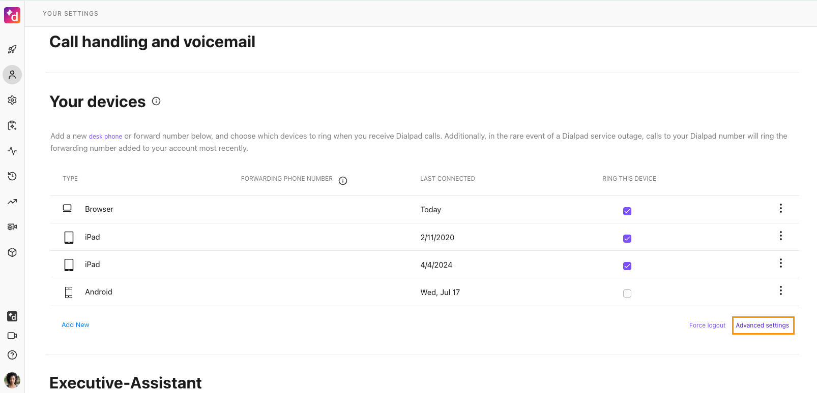 Screenshot of the Dialpad web application under Call handling and voicemail settings, featuring an orange box highlighting the 'Advanced settings' link at the bottom right of the Your devices section.