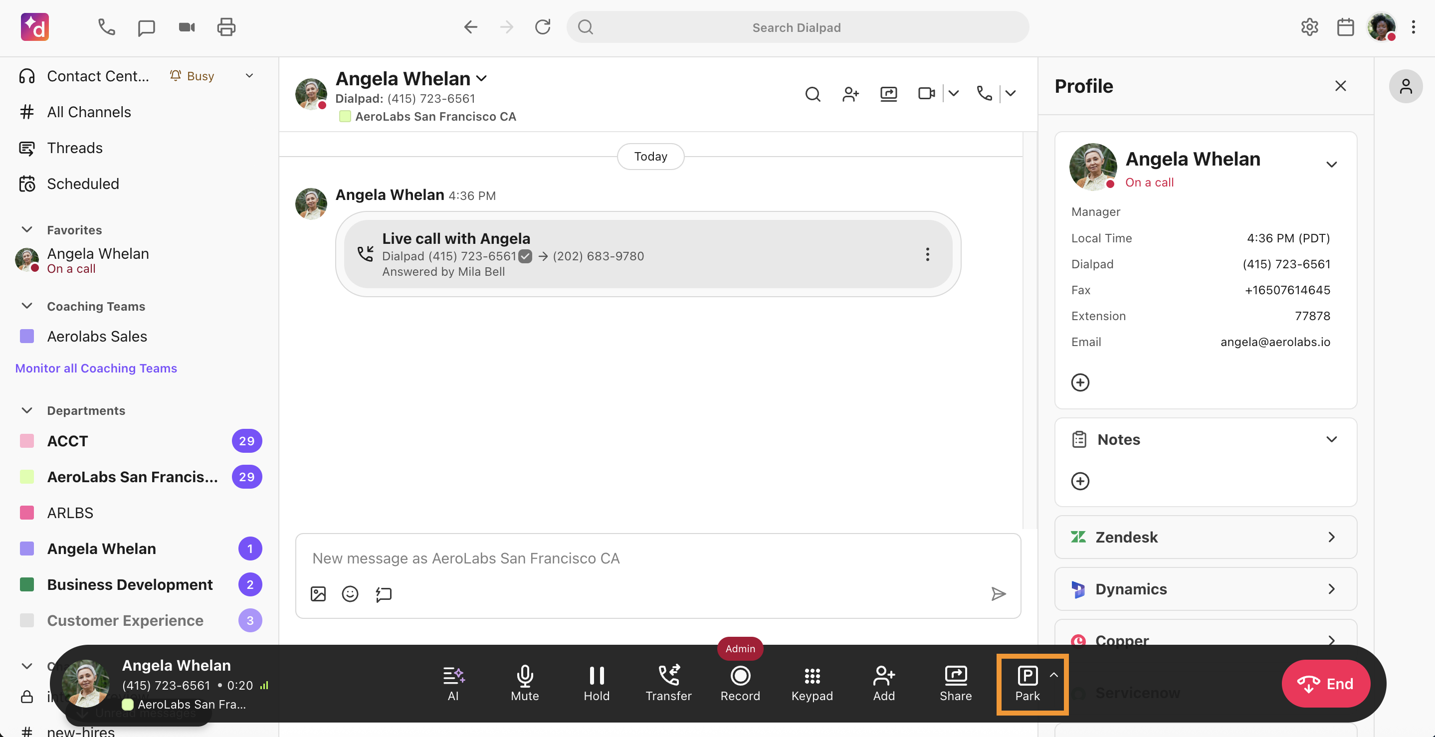 View of an active call. The Park option is highlighted.