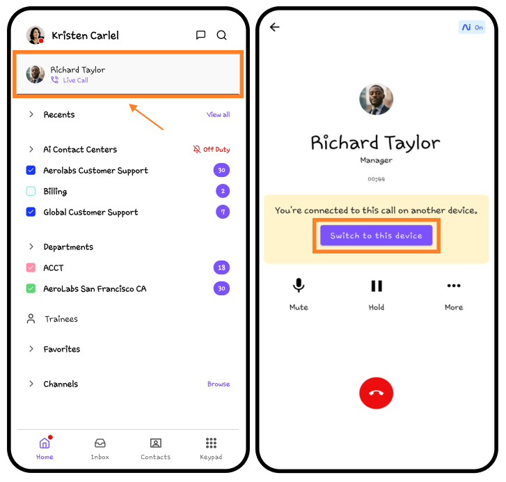 Screenshot of the Dialpad mobile app interfaces showing how to switch call devices, featuring an orange box highlighting an active call with Richard Taylor on the home screen (left) and an orange box around the 'Switch to this device' button on the call screen (right).