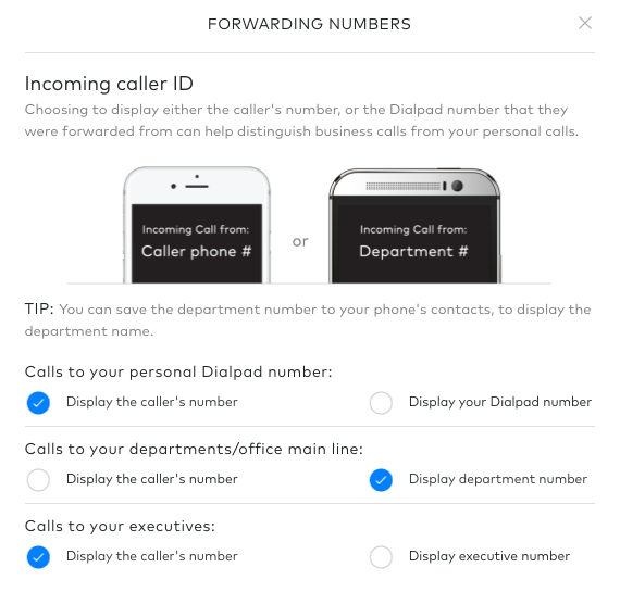 Screenshot of the Dialpad Forwarding Numbers settings modal for Incoming caller ID, showing options to toggle caller ID display preferences for personal Dialpad calls, department/office main line calls, and executive calls.