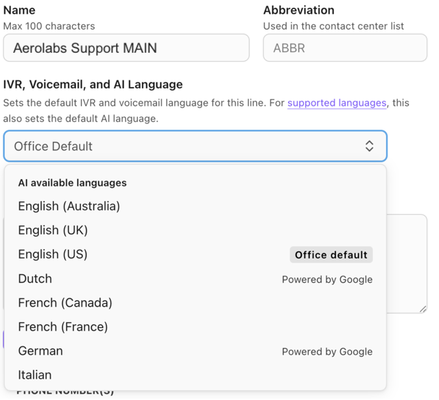 Screenshot of the Dialpad AI preferences settings page, displaying the language selection drop-down menu for configuring group, user, or call-level transcription defaults.