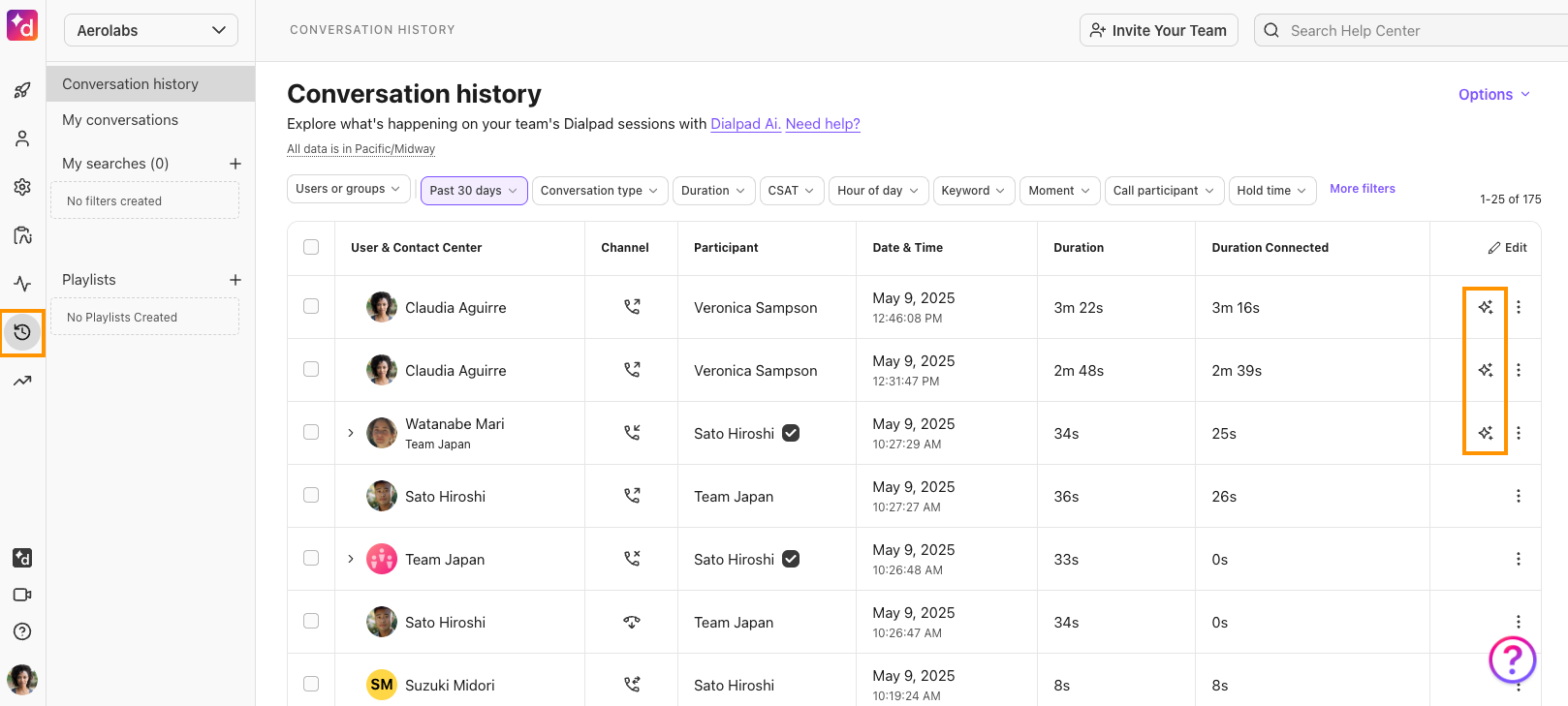 Screenshot of the Conversation History page in Dialpad.