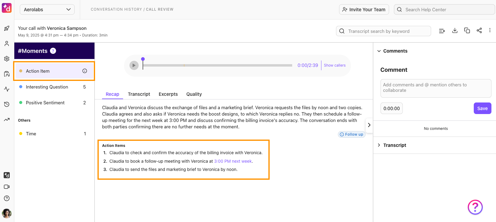 Screenshot of the Conversation History page in Dialpad, displaying the Moments tab with detected Action Items highlighted in the transcript timeline.
