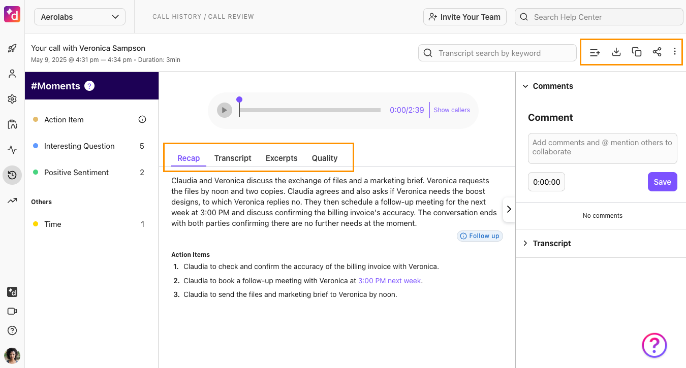 Screenshot of the call summaries page.