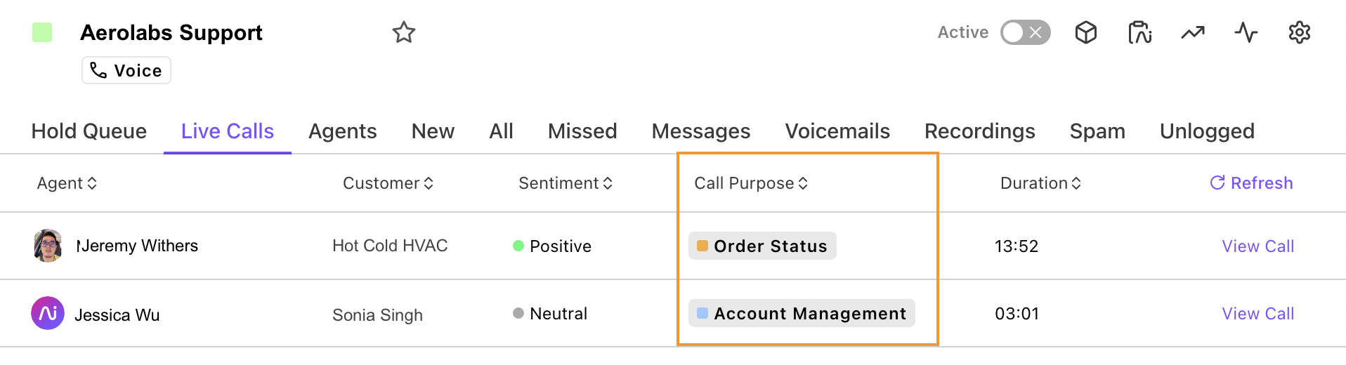 Screenshot of the Dialpad Live Calls monitoring view displaying real-time Call Purpose category tags alongside active calls.