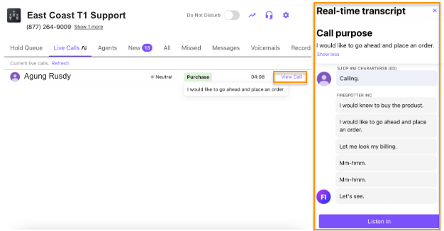 screenshot of the real time transcript.