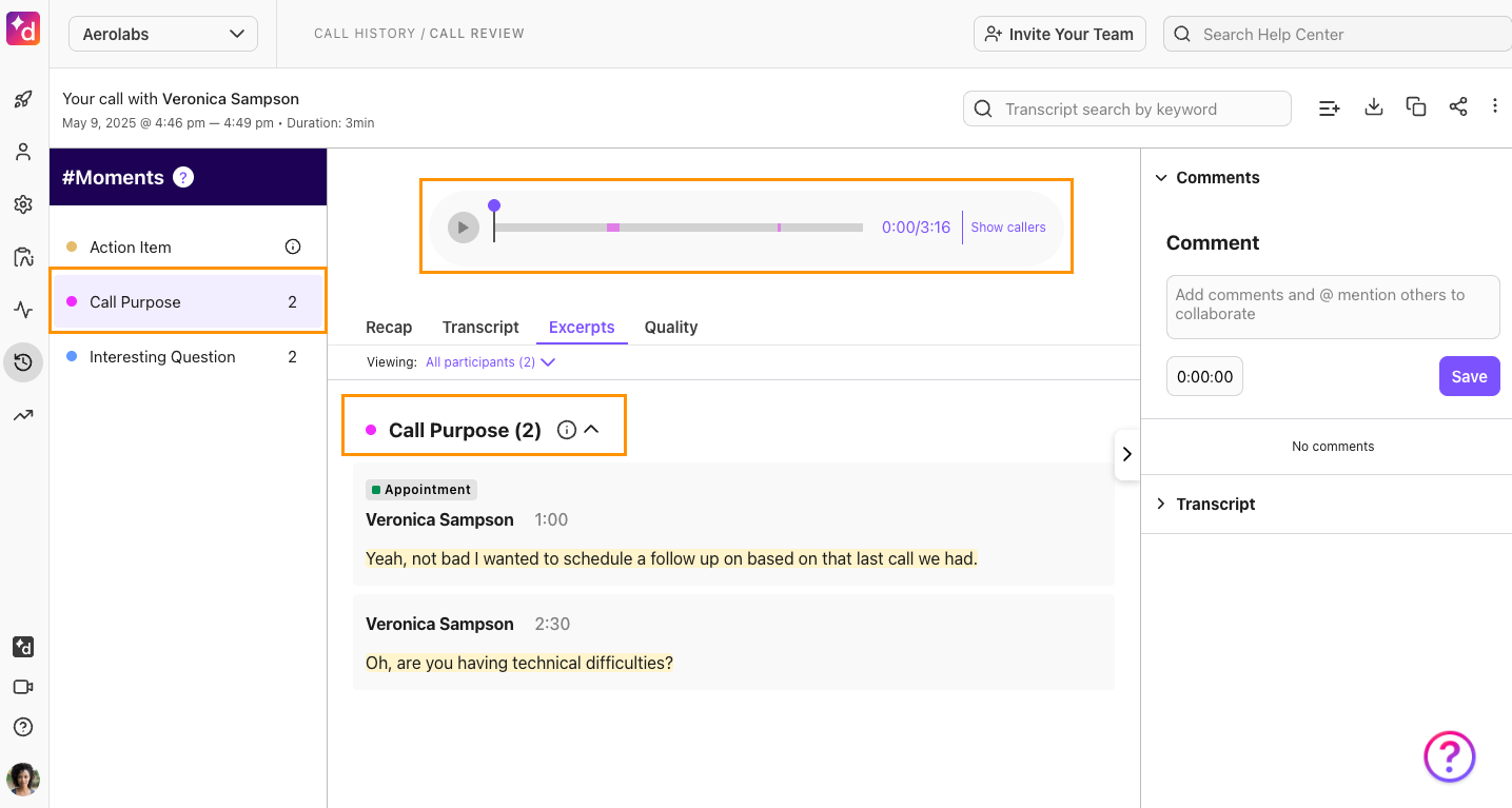 Screenshots of call purpose.