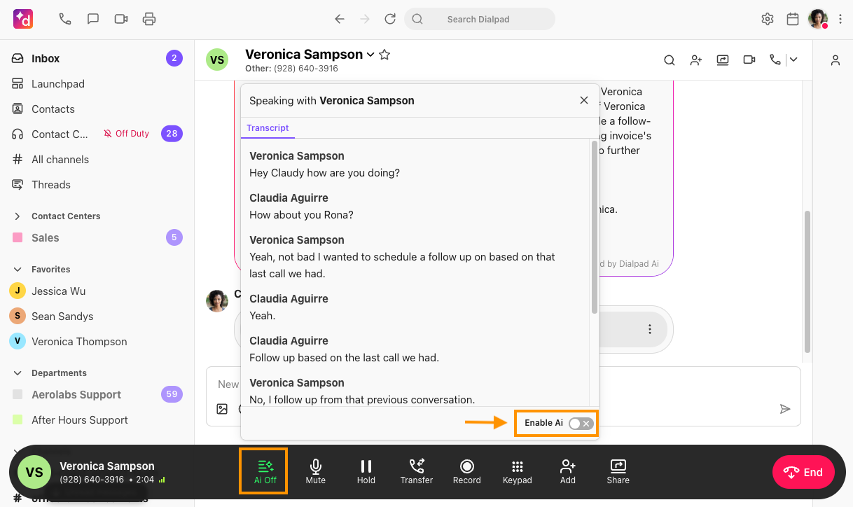 Screenshot of the active call control bar in Dialpad, showing the "Ai" button highlighted with a dropdown menu displaying the "Enable AI" option.