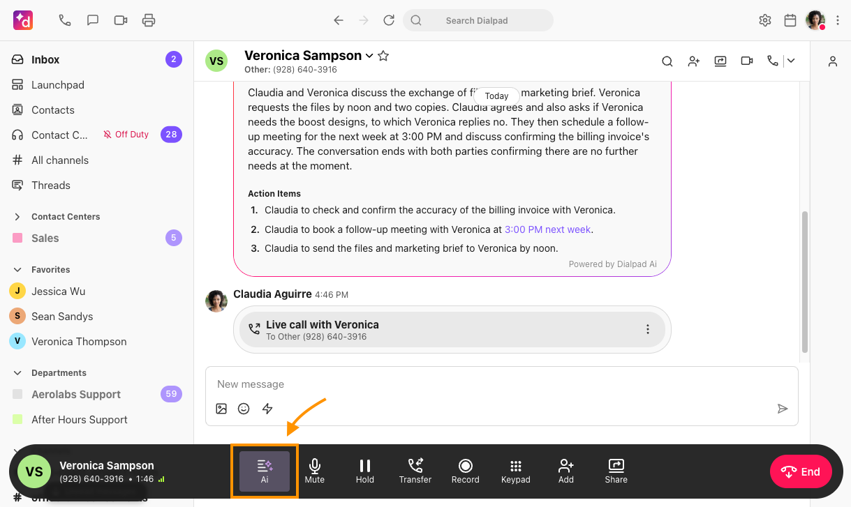 Screenshot of the Dialpad personal settings page highlighting the AI Settings section and the toggle switch for "Allow AI to be used for your personal calls and meetings.