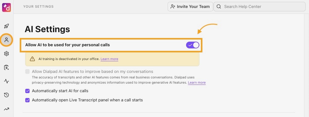 Screenshot of the Dialpad personal settings page highlighting the AI Settings section and the toggle switch for "Allow AI to be used for your personal calls and meetings."