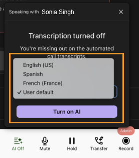 Screenshot of the active call AI menu showing the language selection dropdown options before enabling live transcription.