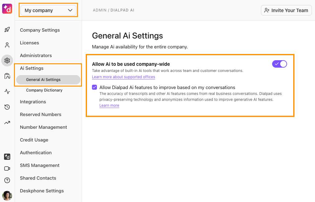 Screenshot of the Dialpad Admin Settings page under "My Company > AI Settings," highlighting the toggle switch for "Allow Ai to be used office-wide" and the checked option for "Allow Dialpad Ai features to improve based on my conversations."