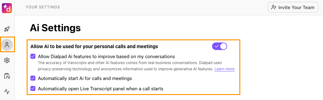 Screenshot of the Dialpad user settings dashboard under "Your Settings > AI Settings," showing the checked checkbox for "Allow Dialpad Ai features to improve based on my conversations."