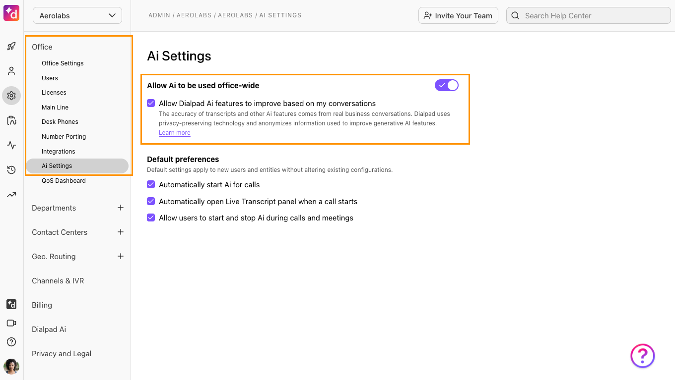 Screenshot of the Office Settings menu in the Dialpad Admin Portal, showing the AI Settings panel with the checkbox enabled for "Allow Dialpad Ai features to improve based on my conversations."