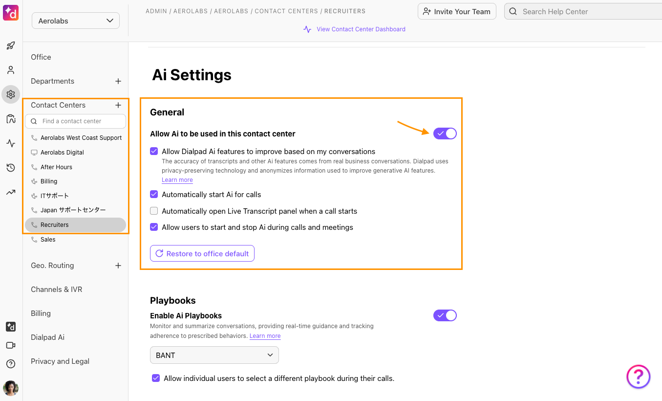 Screenshot of the Contact Center settings page in the Dialpad Admin Portal, showing the "Allow Ai to be used in this contact center" toggle turned on alongside the AI improvement checkbox.