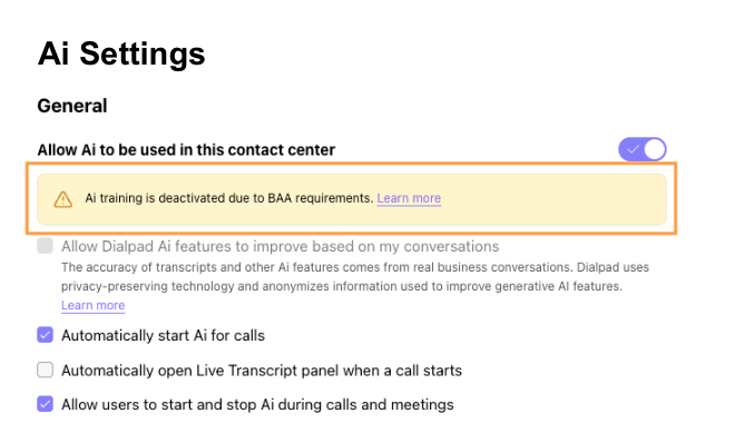 Screenshot of the Dialpad AI Settings panel showing the "Allow Dialpad Ai features to improve based on my conversations" checkbox disabled and grayed out, accompanied by an explanatory tooltip note.