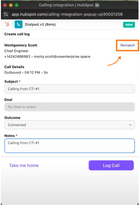 Screenshot of the Dialpad v2 (Beta) call logging widget in HubSpot, featuring an orange arrow pointing to an orange box highlighting the 'Rematch' option next to contact details for Montgomery Scott.
