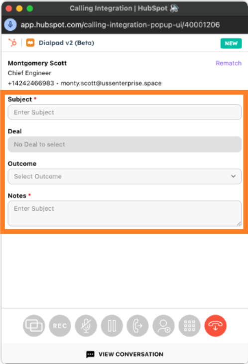 Screenshot of the Dialpad v2 (Beta) call logging widget in HubSpot, featuring an orange box outlining the Subject, Deal, Outcome, and Notes form fields.