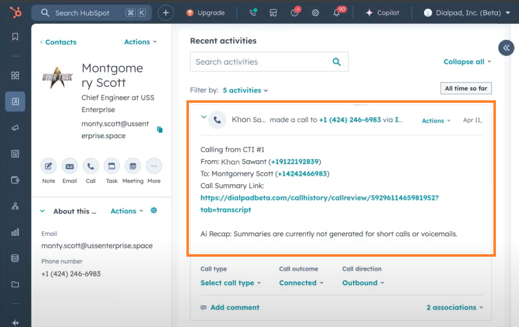 Screenshot of a HubSpot contact profile featuring an orange box highlighting a logged call entry under Recent activities, displaying call details, a Dialpad Call Summary link, and AI recap information.