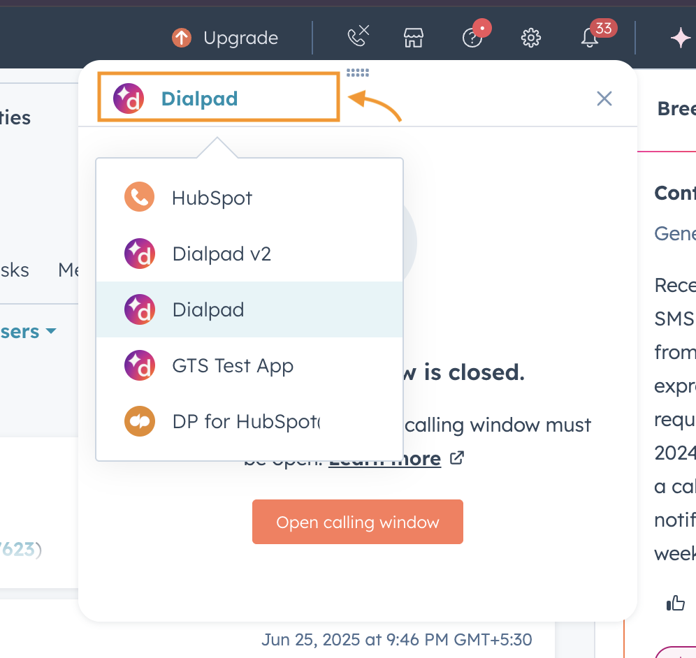 Screenshot of the calling window in HubSpot featuring an orange arrow pointing to an orange box highlighting the calling provider dropdown menu at the topbar, showing available provider options.