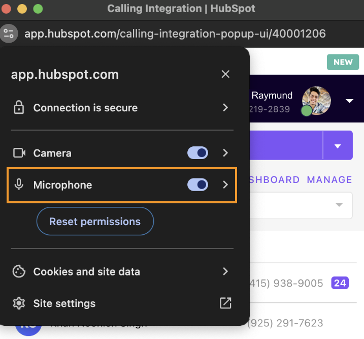 Screenshot of the browser site permissions dropdown menu for app.hubspot.com, featuring an orange box highlighting the Microphone permissions toggle switch set to enabled.
