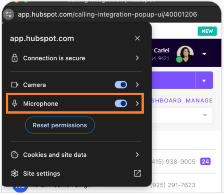 Screenshot of a browser site permissions menu for app.hubspot.com with an orange box highlighting the Microphone toggle switch set to enabled.