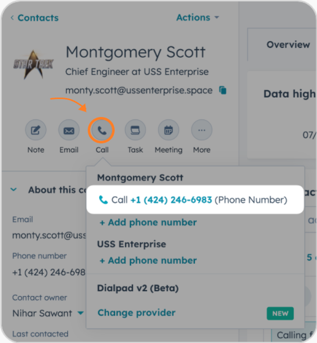 Screenshot of a HubSpot contact profile view for Montgomery Scott, featuring an orange arrow pointing to an orange circle around the 'Call' icon button above the call menu options.