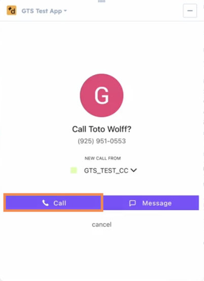Screenshot of the Dialpad calling confirmation window displaying a prompt to call Toto Wolff, with outbound caller ID selection options and an orange box highlighting the purple 'Call' button at the bottom.