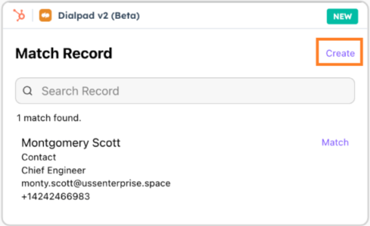 Screenshot of the 'Match Record' screen in the Dialpad v2 (Beta) calling window, featuring an orange box highlighting the 'Create' button in the top right corner.