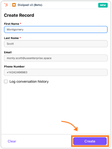Screenshot of the 'Create Record' form in the Dialpad v2 (Beta) calling window, featuring an orange arrow pointing to an orange box highlighting the purple 'Create' button at the bottom.