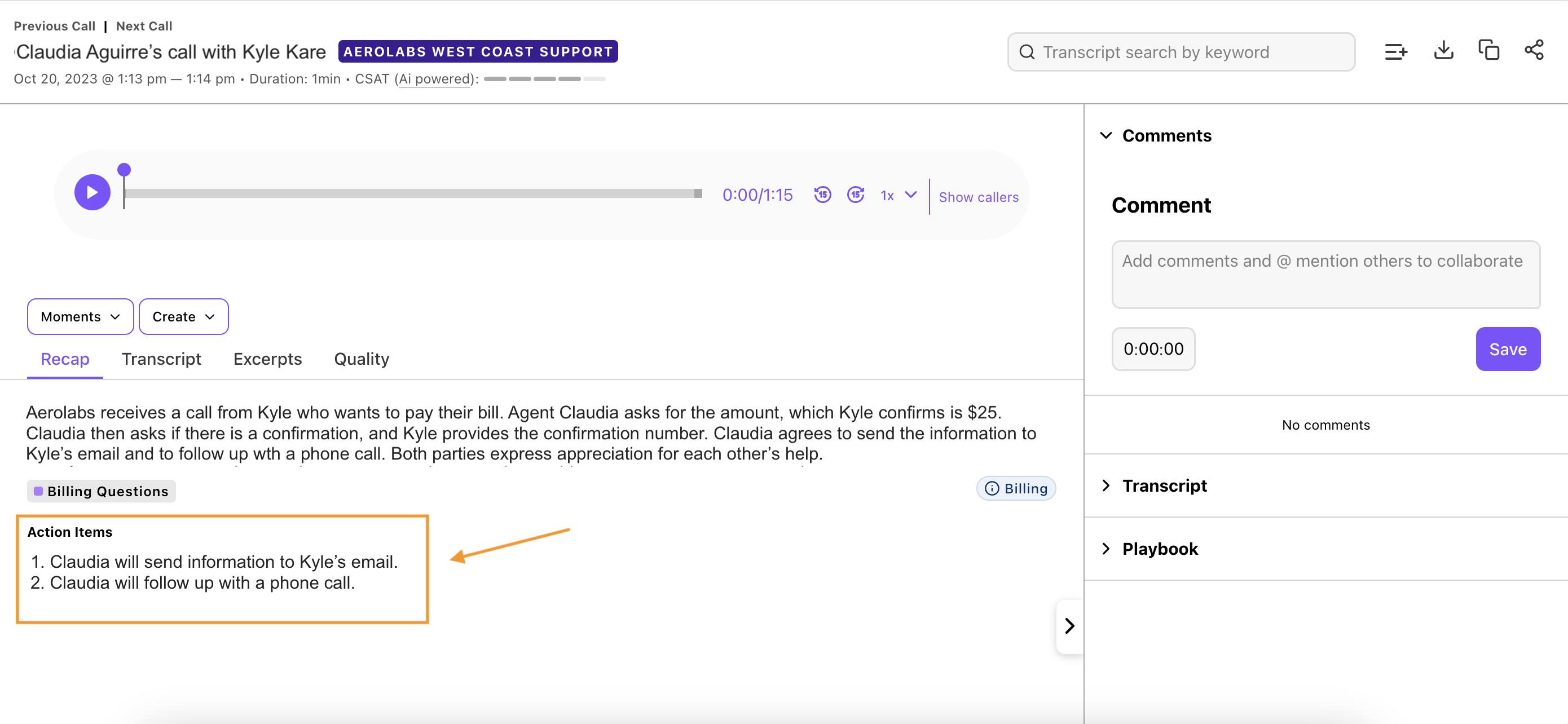 Screenshot of action items highlighted on AI Recap section of Call Overview page
