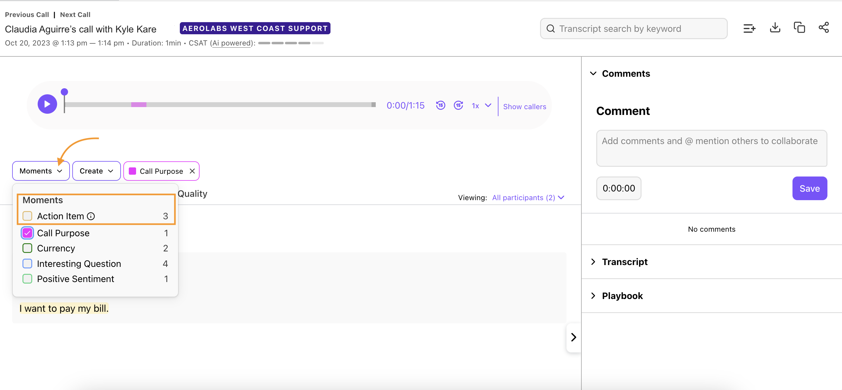 Screenshot of call overview page and Moment filter highlighted.