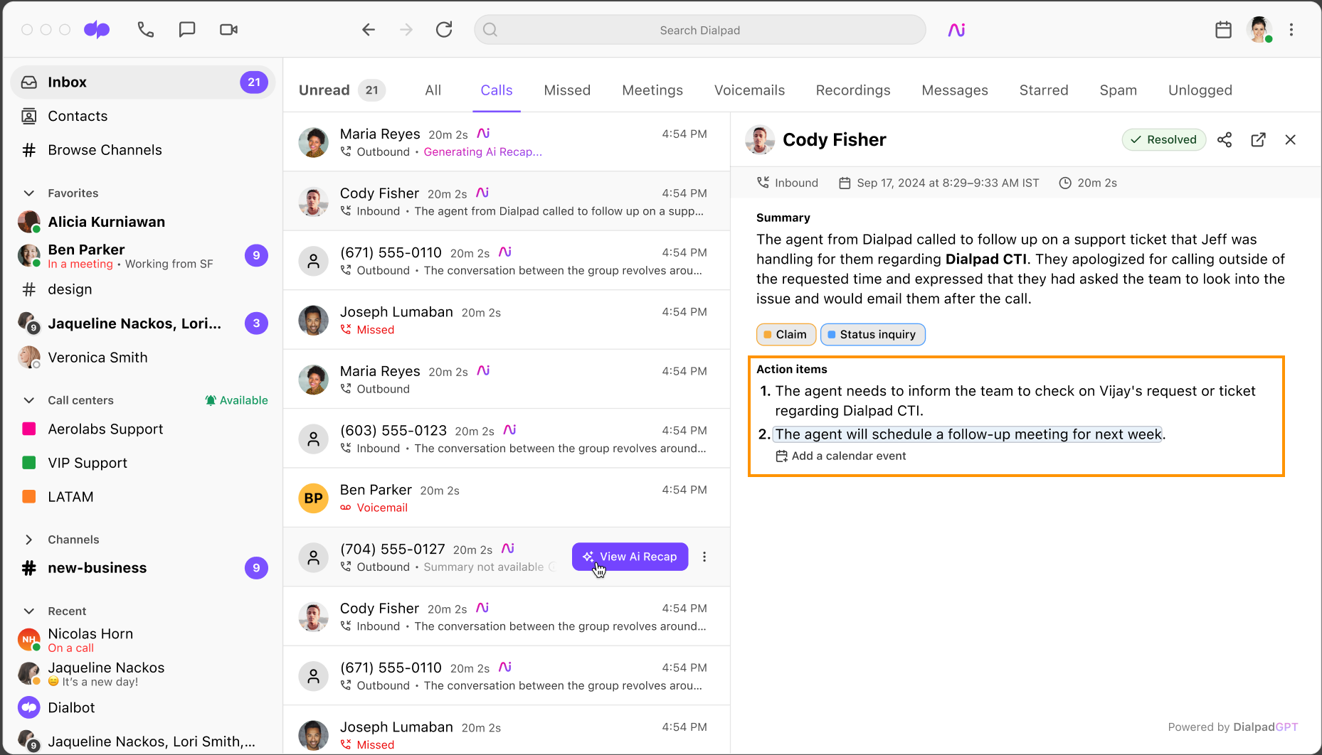 Screenshot of Action Items in call and meetings tabs.