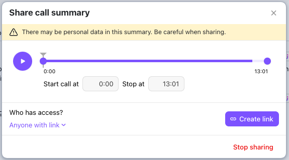 Share Call Summary window in Dialpad with options to select call details and create a access-controlled URL.
