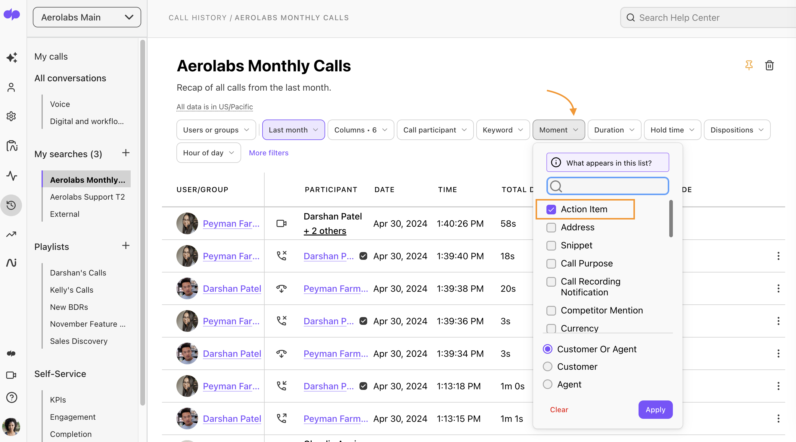 Dialpad Manager Call History view filtering team interactions containing Action Items.