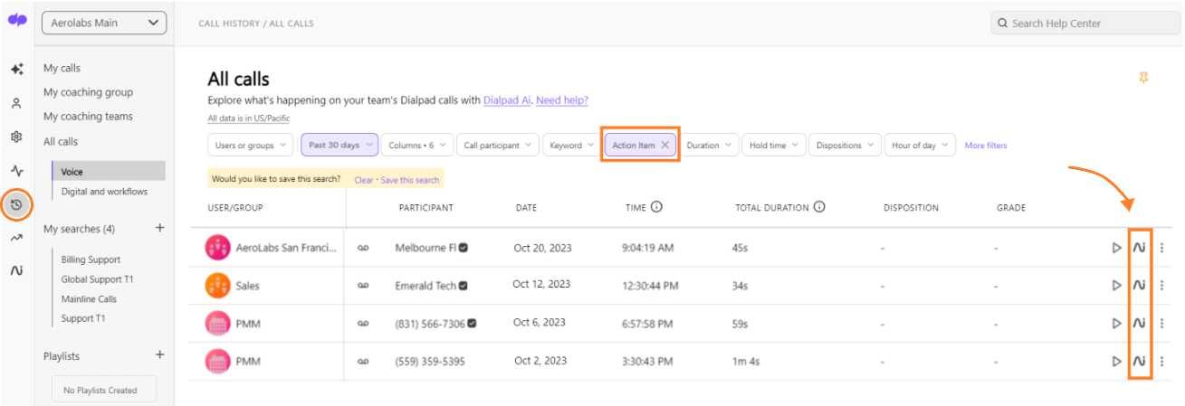 Dialpad Manager Call History view filtering team interactions containing Action Items.