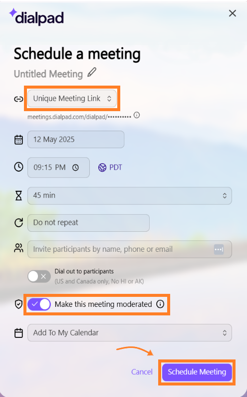 Make this meeting moderated toggle