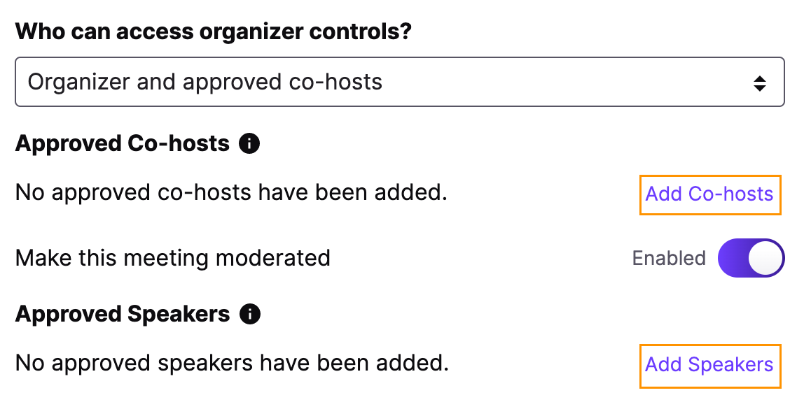 Approved Speakers / Approved Co-hosts buttons