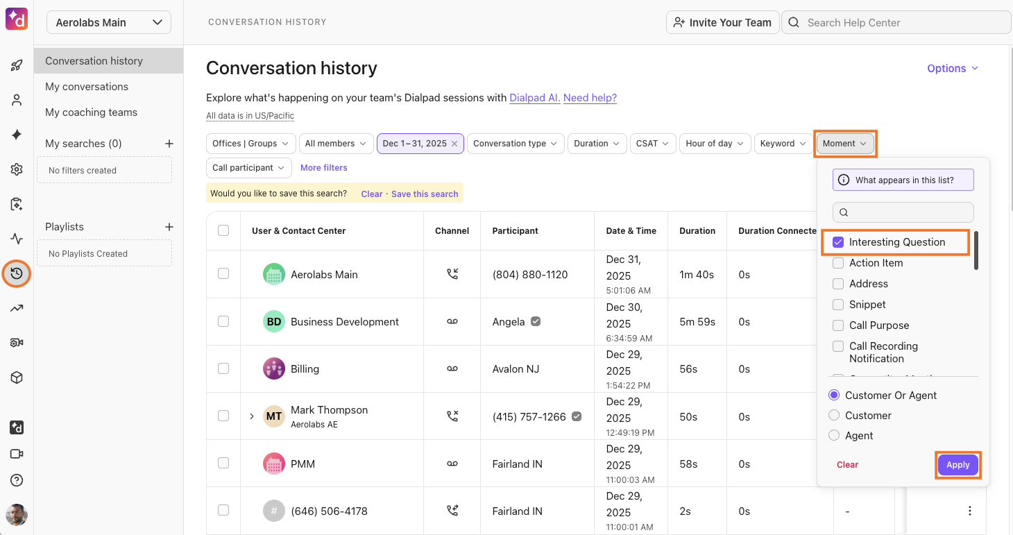 Screenshot of conversation history and interesting question filter selected.